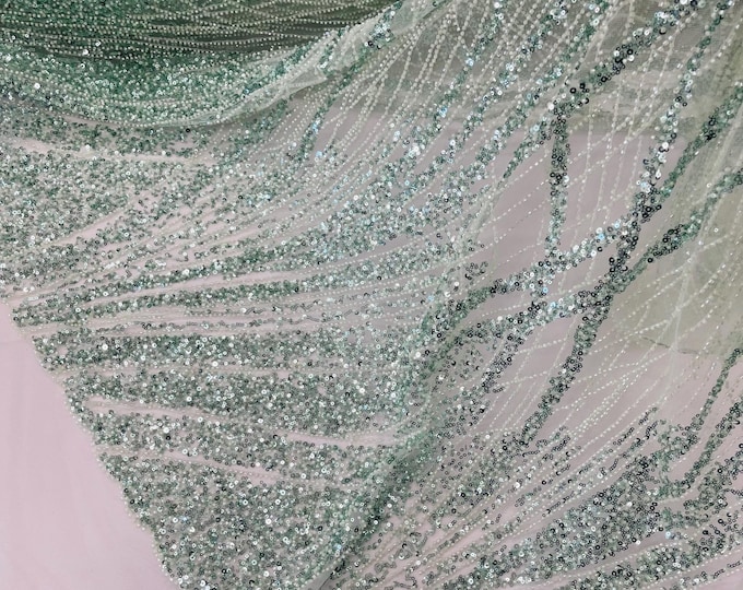 Mint Beaded Fabric Sold By The Yard, Fashion Design Beads and Sequins, Beaded Fabric Embroidered on a Mesh Lace,Wedding,Bridal,Dress
