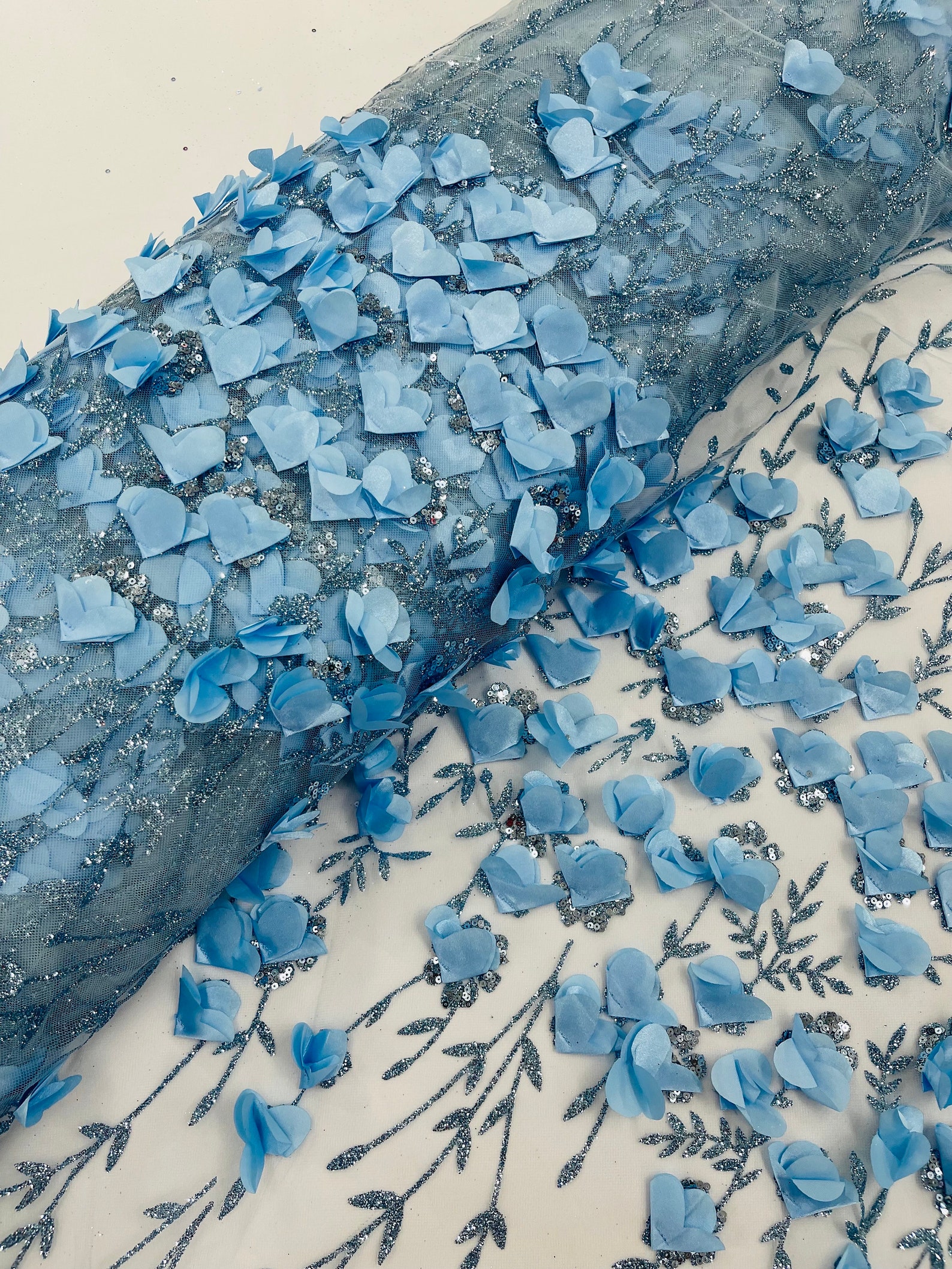 Baby Blue 3D Flower Sequin Fabric, Glitter Floral Mesh, Wedding Dress ...