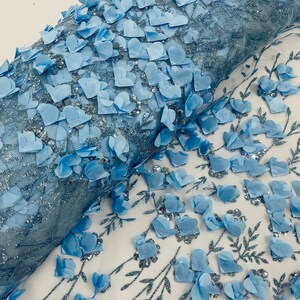 Baby Blue 3D Flower Sequin Fabric, Glitter Floral Mesh, Wedding Dress ...