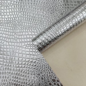Metallic Silver Crocodile Faux Fake Leather Vinyl Fabric, Embossed Crocodile Fabric By The Yard Upholstery Purses Shoes Wallets Belts