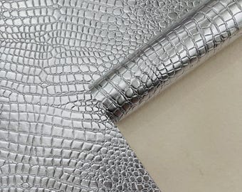 Metallic Silver Crocodile Faux Fake Leather Vinyl Fabric, Embossed Crocodile Fabric By The Yard Upholstery Purses Shoes Wallets Belts