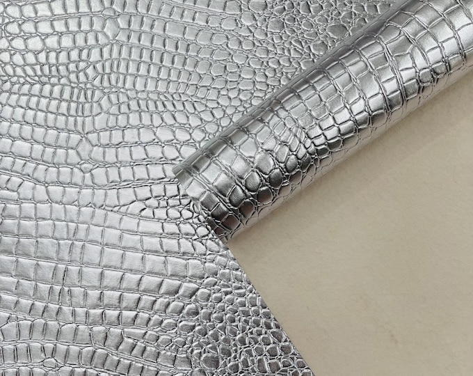 Metallic Silver Crocodile Faux Fake Leather Vinyl Fabric, Embossed Crocodile Fabric By The Yard Upholstery Purses Shoes Wallets Belts