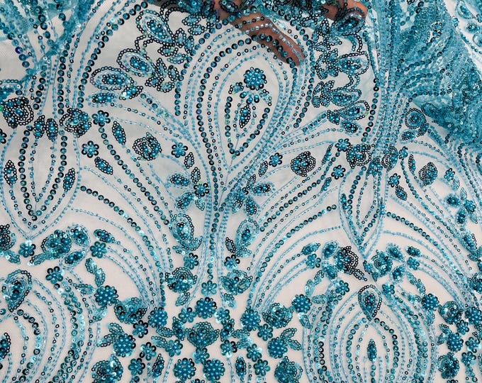 Turquoise Fashion Design Beads and Sequins, Luxury Beaded Fabric Embroidered on a Mesh Lace,Wedding,Bridal,Dress Sold By The Yard
