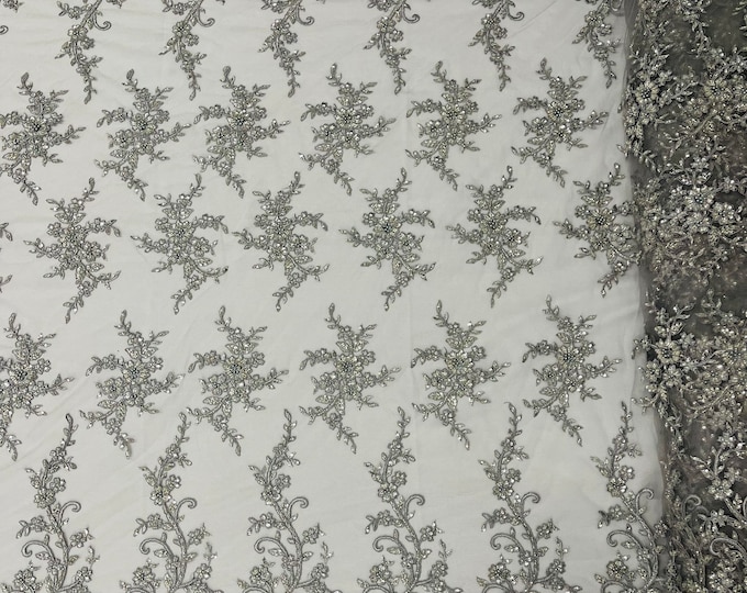 Silver Beaded Sequins Fabric, Embroidery With Beaded Sequin on a Mesh, Floral Bridal Lace Fabric by the yard (Pick a size )