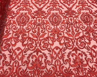 Red Embroidered Damask Pattern With Pearls and Beads on a Mesh - Beaded Fabric - Lace Fabric by the yard