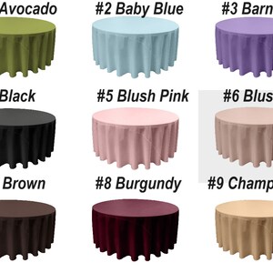 K&ouml;nnte beinhalten: Neun runde Tischdecken in verschiedenen Farben, darunter Avocado, Babyblau, Barney, Schwarz, Blush Pink, Blush, Braun, Burgunderrot und Champagner.