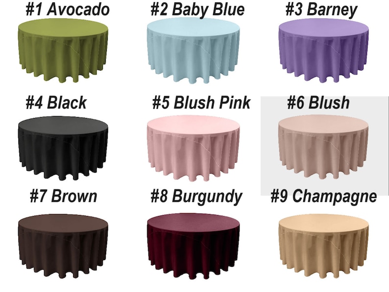 K&ouml;nnte beinhalten: Neun runde Tischdecken in verschiedenen Farben, darunter Avocado, Babyblau, Barney, Schwarz, Blush Pink, Blush, Braun, Burgunderrot und Champagner.