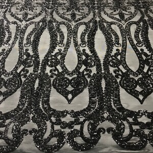 Zwarte kantstof met pailletten, damast geborduurd gaas, stof galajurk