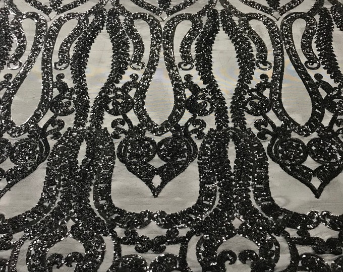 Black Sequins Lace Fabric On a Mesh, DAMASK Design Embroidered On 4 way Stretch Sequin By The Yard -Prom-Gown ( Choose The Size )