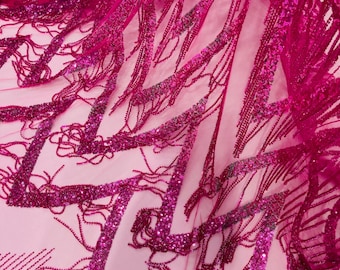 Fuchsia Fringe Beaded Fabric By Yard, Geometric Design Beaded Fringe and Sequin, Fringe Beaded Fabric Embroidered on a Mesh Lace Prom Dress