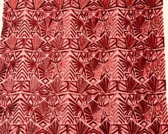 Burgundy Geometric Sequins Fabric: 4-Way Stretch Mesh, Prom Gown Material By The Yard