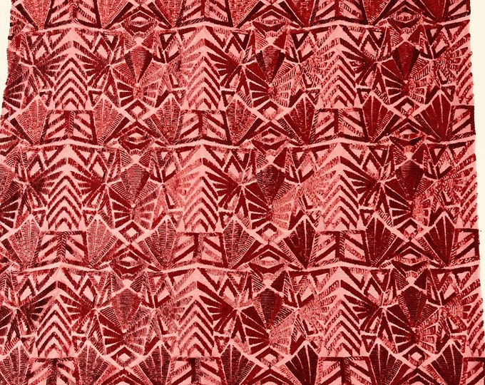 Matte Burgundy 4 Way Stretch Geometric Sequins Emily Design Shiny Fabric on Mesh for Prom Gala Gown By The Yard