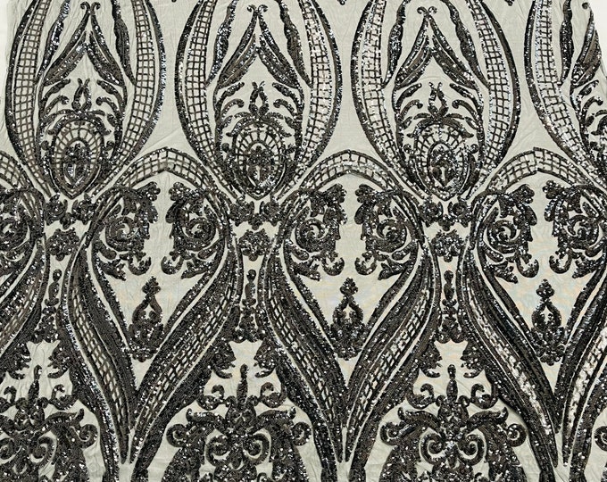 Black Sequins Fabric Sold By The Yard - on Spandex Mesh - Damask Design 4 Way Stretch Sequin Fabric