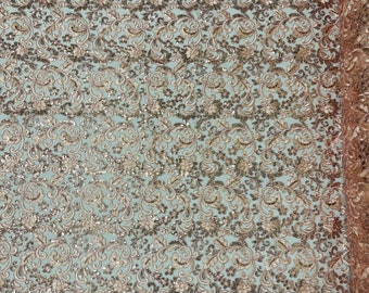 Rose Gold Floral Sequin Lace Fabric, Embroidered Mesh, By The Yard
