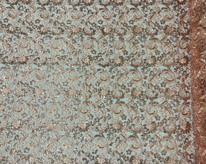 Metallic Rose Gold Floral Lace Fabric By The Yard, Embroidery With Sequins on a Mesh Lace Fabric, Corded sequins Lace