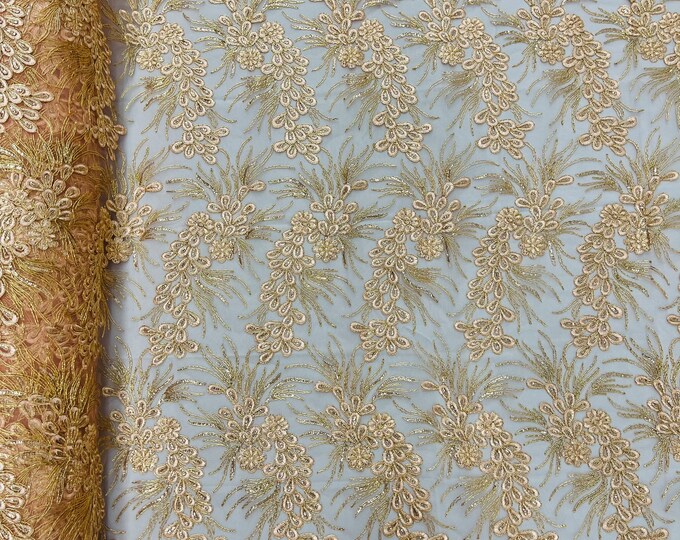 Metallic Lt Coral Corded Floral Lace Fabric, by the yard - Embroidery With Sequins on a Mesh Lace Fabric For Gown, Wedding-Bridal