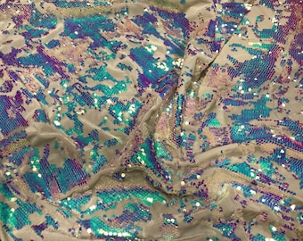 Iridescent Aqua Sequin White Stretch Velvet Fabric - 58/60"