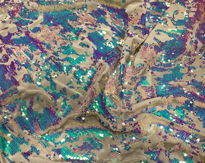 Iridescent Aqua Sequin on Of White Stretch Velvet With Luxury Reversible Sequins Shining Sequins 2-way Stretch 58/60” (Choose The Measure)