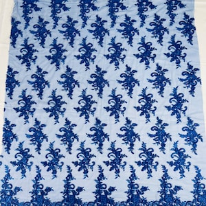 Royal Blue Floral Lace Fabric, by the yard Embroidery With Sequins on a Mesh Lace Fabric For Wedding-Bridal