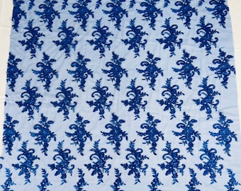 Royal Blue Floral Lace Fabric: Sequined Embroidery Mesh, Bridal Wedding