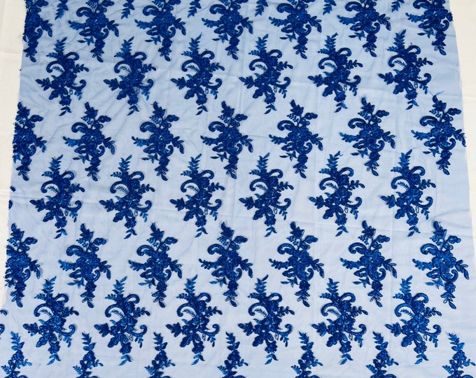 Royal Blue Floral Lace Fabric, by the yard Embroidery With Sequins on a Mesh Lace Fabric For Wedding-Bridal