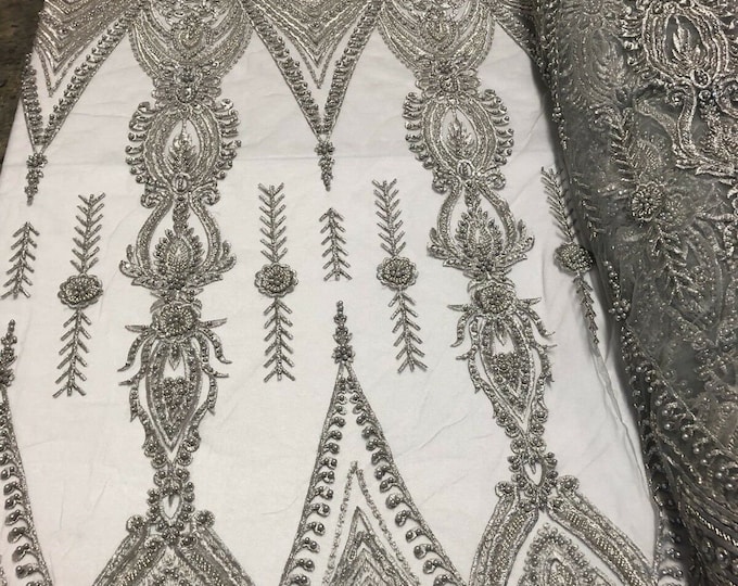 Mia Fabrics Inc, Silver Beaded Fabric - by Yard - Embroider With Pearls and Heavy Beading on a Mesh Lace-dresses-prom