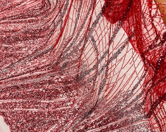 Burgundy Beaded Fabric Sold By The Yard, Fashion Design Beads and Sequins