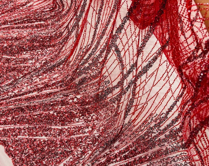 Burgundy Beaded Fabric Sold By The Yard, Fashion Design Beads and Sequins