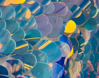 Big Oval Sequin Paillette Aqua Iridescent, by the yard - Tear Drop Mermaid Jumbo Sequins Fabric On a Mesh (Pick a Size)