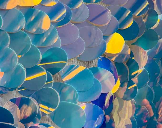 Big Oval Sequin Paillette Aqua Iridescent, by the yard - Tear Drop Mermaid Jumbo Sequins Fabric On a Mesh (Pick a Size)