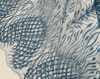 Denim Blue Beaded Fabric Sold By The Yard, Damask Design Beads and Sequins