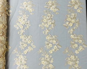 Champagne 3D Floral Lace Fabric: Pearl Wedding Bridal Lace by the yard