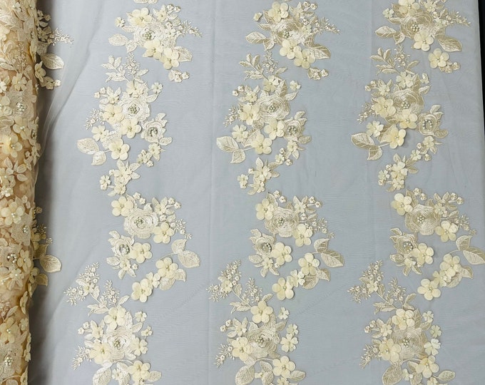 Mia Fabrics Inc, Champagne 3D Floral-Flower With Pearl, Bridal Lace 3D Flower Wedding Lace by the Yard (Pick a Size)