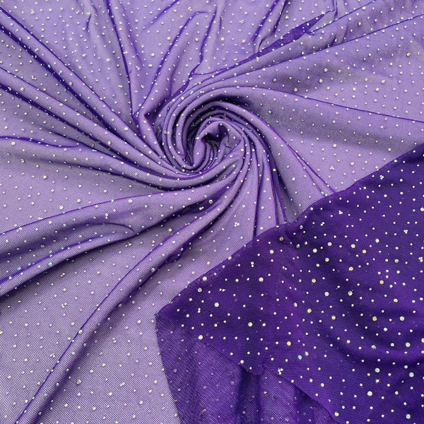 Purple | AB Rhinestones Fabric On Purple Power Mesh Polyester Spandex Fabric With Crystal Stones | AB Rhinestones Fabric sold by yard