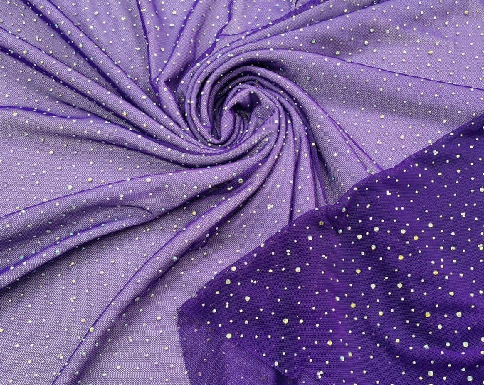 Purple | AB Rhinestones Fabric On Purple Power Mesh Polyester Spandex Fabric With Crystal Stones | AB Rhinestones Fabric sold by yard