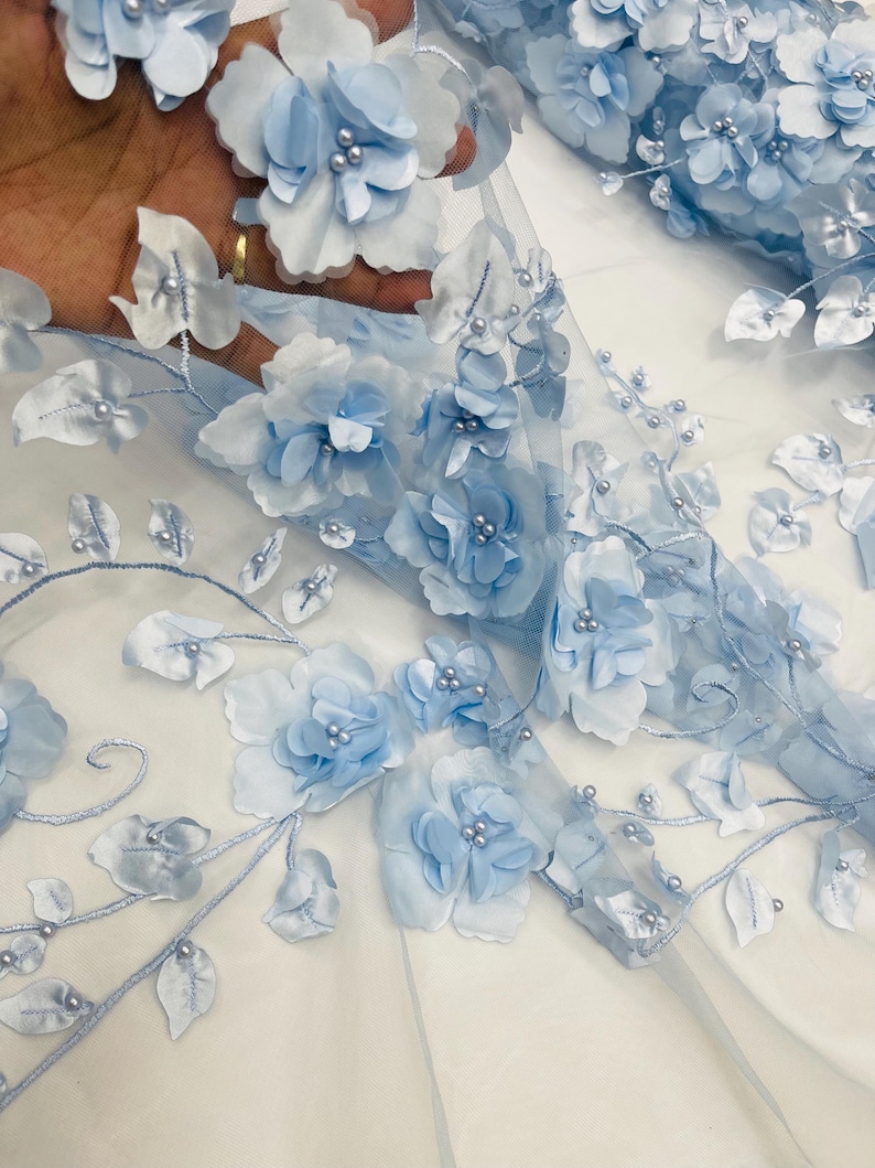 Baby Blue 3D Floral Lace Fabric With Pearls: Embroidered Mesh, Prom ...