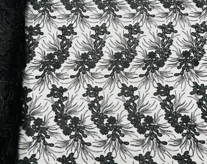 Metallic Black Corded Floral Lace Fabric, by the yard - Embroidery With Sequins on a Mesh Lace Fabric For Gown, Wedding-Bridal