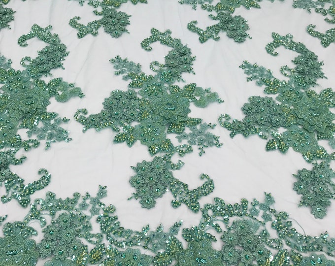 Mint 3D Flower Design - by the yard - Embroider With Sequins and Beaded On a Mesh Lace Fabric 3D Floral-Prom-Dresses-Nightgown