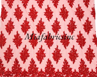 Red Flower Beaded Lace Fabric: Embroidered Sequins Bridal Wedding Fabric