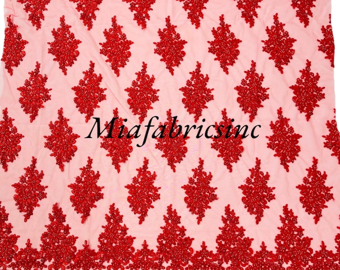 Red Flower Beaded Fabric by the yard - Embroidered Beaded With Sequins Wedding Bridal Fabric | Lace Beaded