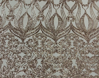 Rose Gold Sequin Fabric: Damask Mesh, 4-Way Stretch - By The Yard