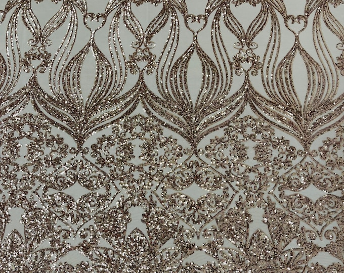 Rose Gold Sequin Fabric by the yard - Damask Design on a Mesh 4 Way Stretch Sequins Fabric Prom-Gown