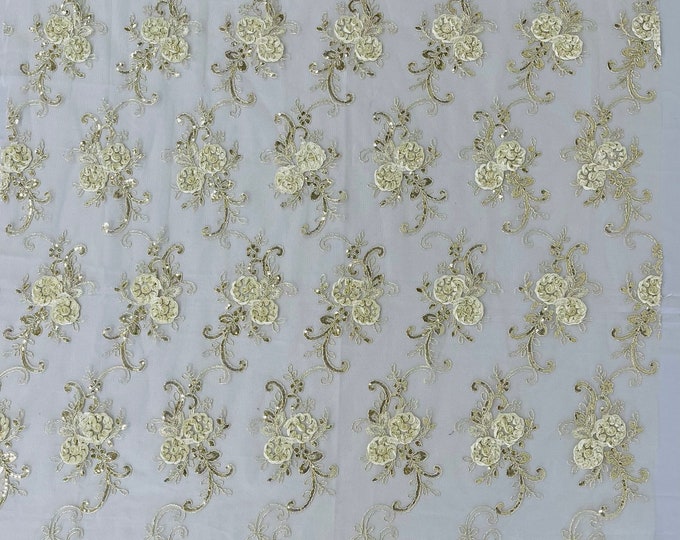 Ivory Floral Lace Fabric - By The Yard - Embroidery Flower With Sequins on a Mesh Lace Fabric For Gown, Wedding-Bridal