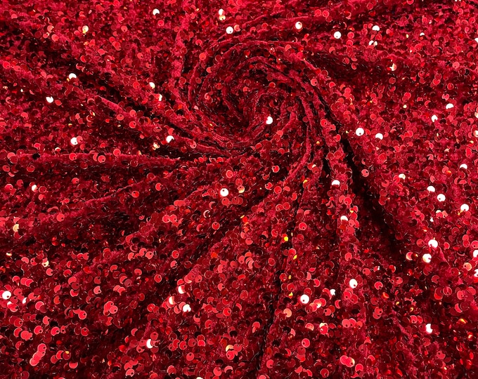 Red Sequin Fabric on Cranberry Stretch Velvet - by the yard - all Over 5mm Sequins Velvet 2-way Stretch 58/60”