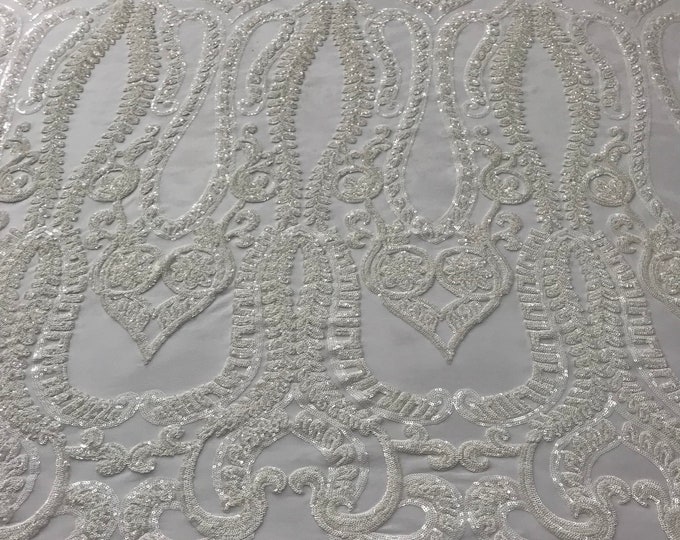 White Sequins Lace Fabric On a Mesh, DAMASK Design Embroidered On 4 way Stretch Sequin By The Yard -Prom-Gown ( Choose The Size )