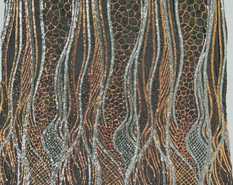 Iridescent Rainbow Sequins Fabric: Black Damask 4-Way Stretch by the yard