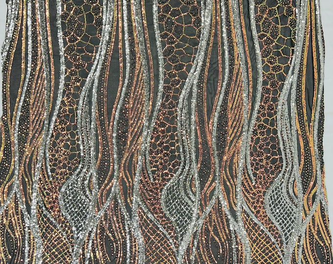 Iridescent Rainbow/Black Sequins Fabric by the yard (Pick a Size) Tow Tone 4 Way Stretch Damask Design Sequin Fabric