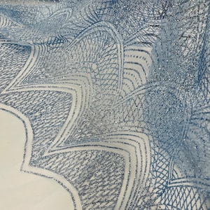 Baby Blue Glitter on Mesh Lace Fabric By The Yard for Wedding Decor Damask Geometric Glitter Fabric  Bridal/Prom/Shimmer/Luxury Sparkle