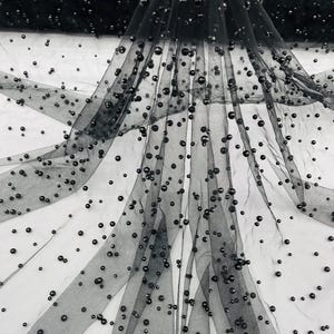 Black, Scattered Pearls Studded Mesh, by the yard - 2 Way Stretch, Pearls On Mesh, Scattered Pearls on Mesh, Bead Wedding Bridal Dress