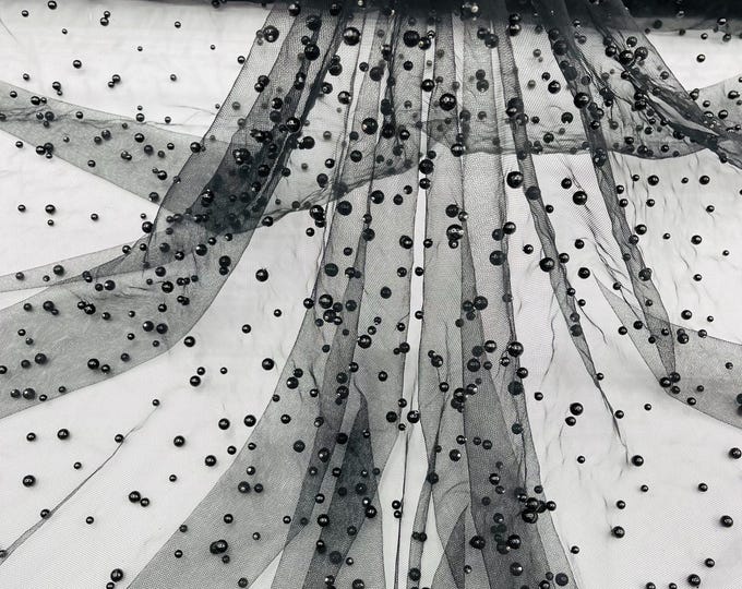 Black, Scattered Pearls Studded Mesh, by the yard - 2 Way Stretch, Pearls On Mesh, Scattered Pearls on Mesh, Bead Wedding Bridal Dress
